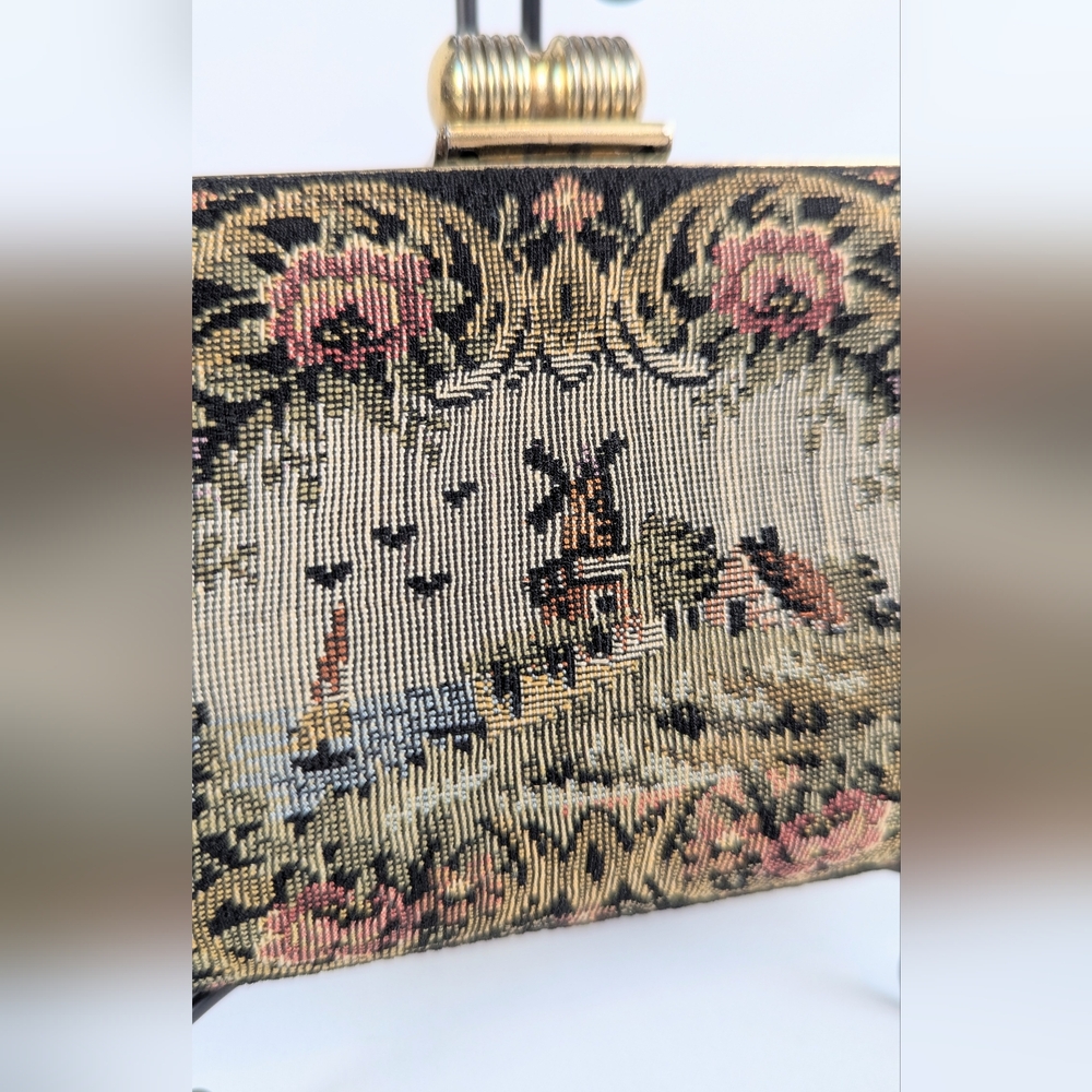 Vintage Armando del Storti Needlepoint Tapestry Clutch Italian Windmill Brass - Picture 2 of 9
